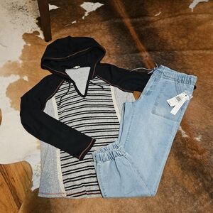 Navy Blue Gray Cream Hoodie Sweater Light Wash Denim Jogger Medium Set Boho Chic